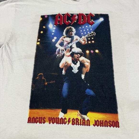AC DC Angus Young Brian Johnson XL Shirt White Band Cotton Short Sleeve GUC - Picture 2 of 7